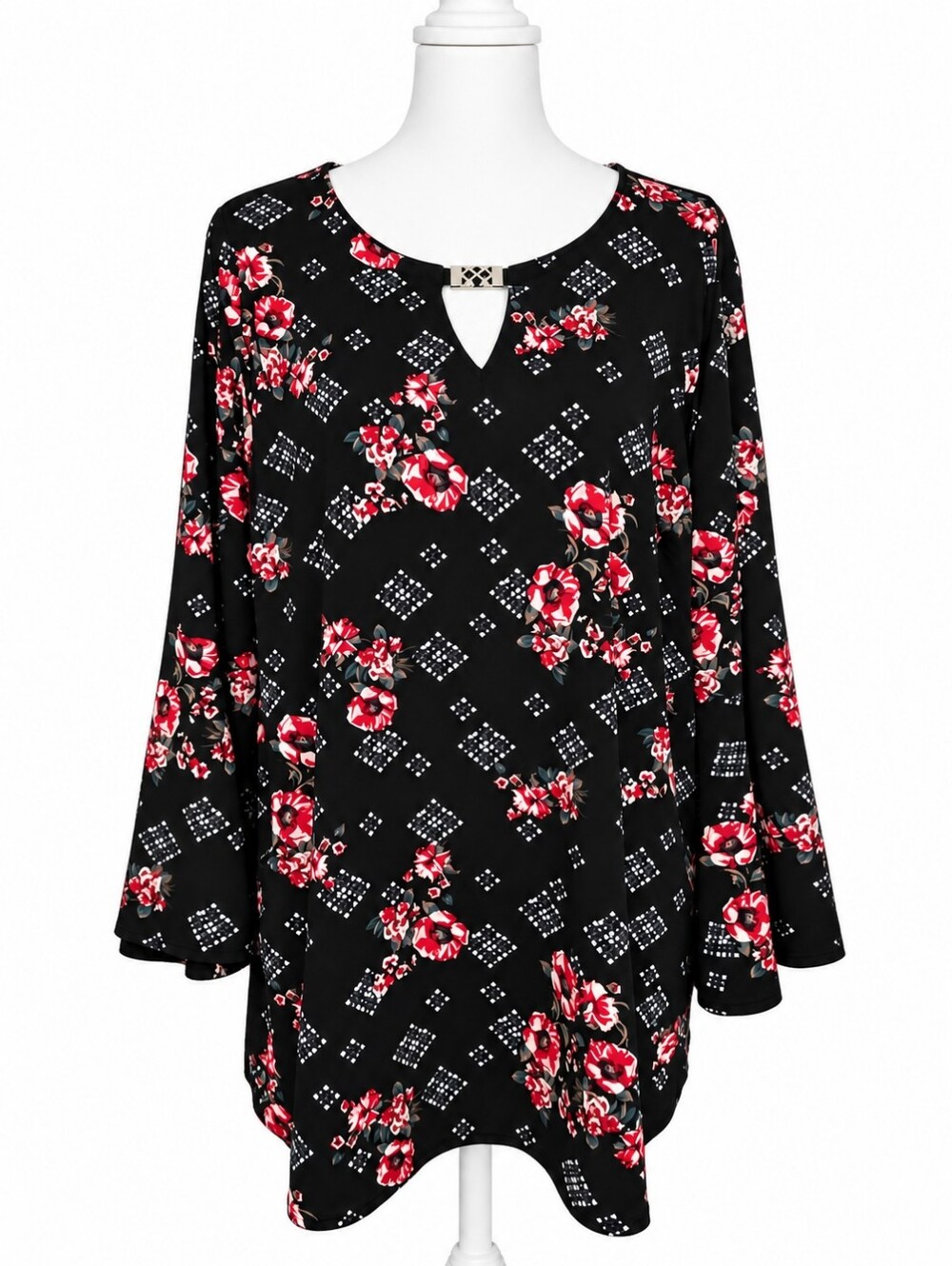 Zac & Rachel Black Blouse with Red Floral Accents